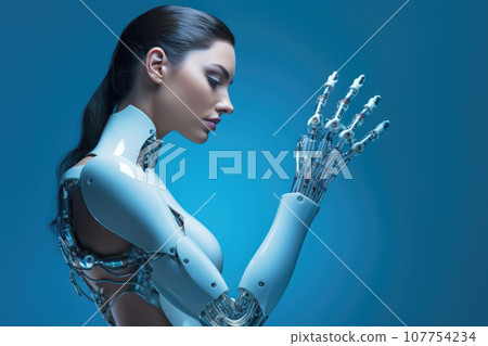 Female robot android's hand with pointing finger on blue background Female robot android's hand with pointing finger on blue background 107754234