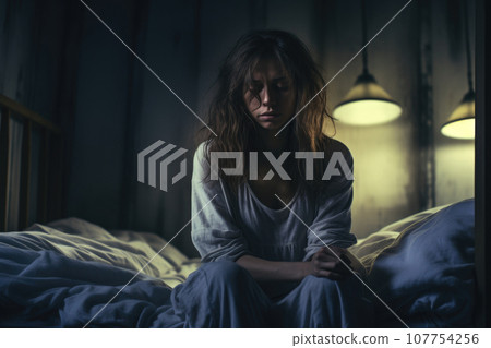 Young woman seating on the bed feeling sad, worried, suffering depression in mental health 107754256