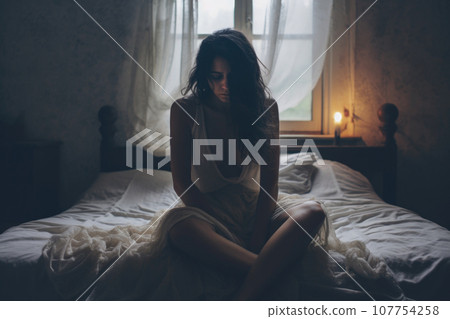Young woman seating on the bed feeling sad, worried, suffering depression in mental health 107754258