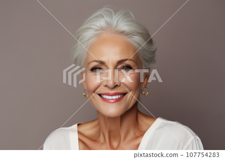Beautiful stylish elderly woman with grey hair in elegant clothes Beautiful stylish elderly woman with grey hair in elegant clothes 107754283