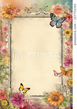 vintage antique old frame with flowers and butterfly - generative AI 107754385