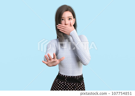 一位驚訝的女士摀住嘴,擺出「等待」的姿勢 一位驚訝的女士摀住嘴,擺出「等待」的姿勢 107754851