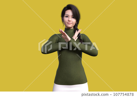 一位女士雙手交叉在身前，擺出拒絕的姿勢 107754878