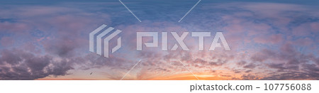 Sunset sky panorama with bright glowing pink Cumulus clouds. HDR 360 seamless spherical panorama. Full zenith or sky dome in 3D, sky replacement for aerial drone panoramas. Climate and weather change. Sunset sky panorama with bright glowing pink Cumulus clouds. HDR 360 seamless spherical panorama. Full zenith or sky dome in 3D, sky replacement for aerial drone panoramas. Climate and weather change. 107756088