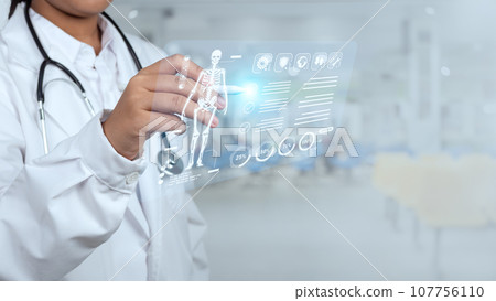 Doctor is using electronic pen touching screen for medical diagnostic analysis on modern virtual screen network connection. Medical technology concept. Doctor is using electronic pen touching screen for medical diagnostic analysis on modern virtual screen network connection. Medical technology concept. 107756110