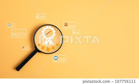 Customer Satisfaction Survey concept, service experience rating online application, customer evaluation product service quality, satisfaction feedback review, very good quality most. Yellow background 107756111