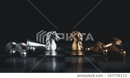 Gold and silver chess pieces in chess board game for business comparison. Leadership concepts, human resource management concepts, business administration concepts. 107756113