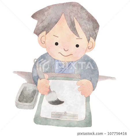 一個穿著日式服裝的男孩寫書法的插圖 一個穿著日式服裝的男孩寫書法的插圖 107756416