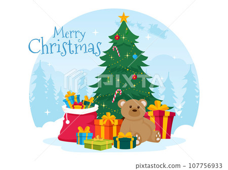 Merry Christmas Vector Illustration with Santa Claus, Bauble Ball, Gift Box, Surprise Gifts, Trees and Snow Background in Flat Cartoon Design Merry Christmas Vector Illustration with Santa Claus, Bauble Ball, Gift Box, Surprise Gifts, Trees and Snow Background in Flat Cartoon Design 107756933