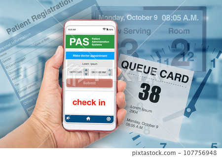 Hand holding smartphont showing electronic queueing application. Hand holding smartphont showing electronic queueing application. 107756948