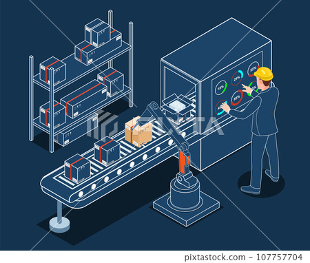 Belt Conveyor in Industrial Plant Concept with Warehouse Automation System and Autonomous Robot Transportation operation service. Vector illustration EPS 10 Belt Conveyor in Industrial Plant Concept with Warehouse Automation System and Autonomous Robot Transportation operation service. Vector illustration EPS 10 107757704