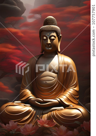 the painting of buddha statue with flower 107757901