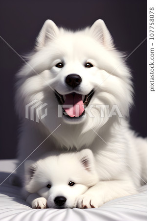 a white huge fluffy dog, one dog hugging dog a white huge fluffy dog, one dog hugging dog 107758078