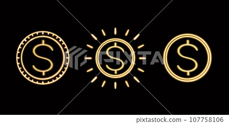 Neon Finance Set, Coins, Gold. glowing desktop icon, neon sticker, neon figure, glowing figure, neon geometrical figures  107758106
