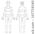 一個穿著泳衣的女人的全身插圖，正面和背面，單色 107758340