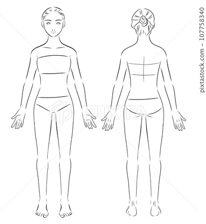 一個穿著泳衣的女人的全身插圖,正面和背面,單色 一個穿著泳衣的女人的全身插圖,正面和背面,單色 107758340
