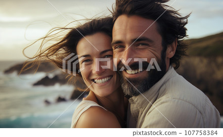 Smiling couple hugging at the sea AI-generated image 107758384