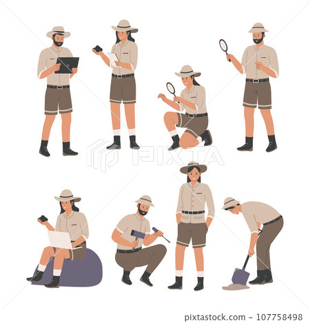 Archeologist people man and woman characters collection set. Archeologist activities concept. Flat style vector concept 107758498