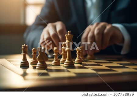 Businessman strategizes success on chess board . generative AI Businessman strategizes success on chess board . generative AI 107758959