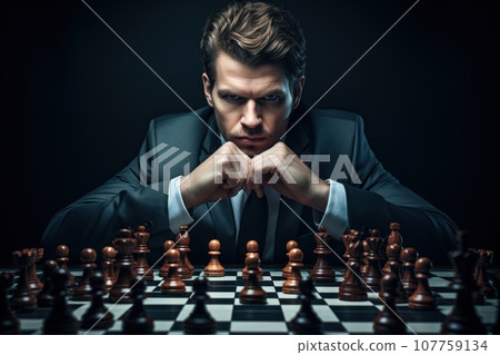 Businessman strategizes success on chess board . generative AI 107759134