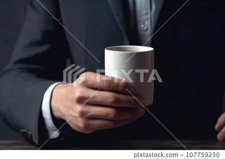 A mockup of a white coffee cup Held by a hand, created with Generative AI 107759230