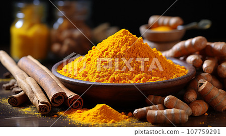Turmeric root and turmeric powder for alternative medicine ,spa and food. Generative AI. Turmeric root and turmeric powder for alternative medicine ,spa and food. Generative AI. 107759291