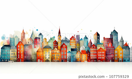 Watercolor painting of the exterior image of a city lined with buildings 107759329