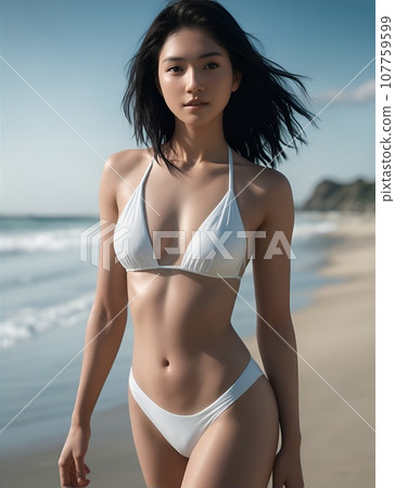穿著比基尼泳裝的美麗女孩在海邊 107759599
