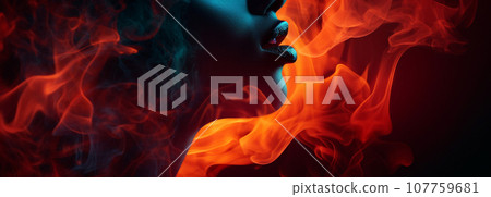 AI-generated content. Banner with womans lips in burning flame on black background AI-generated content. Banner with womans lips in burning flame on black background 107759681