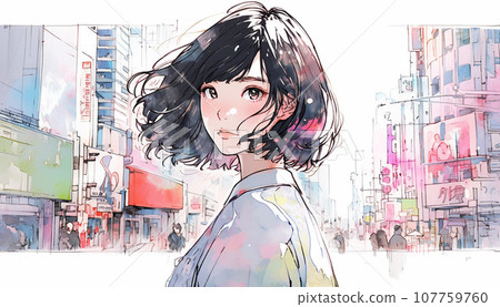 Illustration of a woman looking back at a colorful city - AI-generated image 107759760