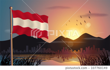 Austria flags flutter against the sunrise sky and beautiful lake. Celebrating national day and travel tourism 107760149