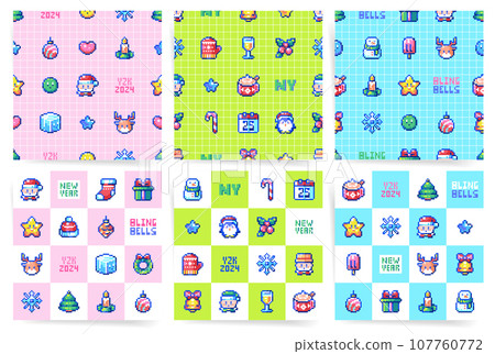 Y2K Pixel Art Winter Set. Seamless Vector Patterns with Retro 80s an 90s Gaming Merry Christmas and Happy New Year Characters. Vintage Arcade Style Backgrounds for Modern Geeky Christmas Design. 107760772