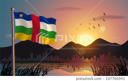 Central African Republic flags flutter against the sunrise sky and beautiful lake. Celebrating national day and travel tourism 107760941