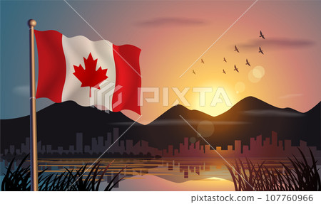 Canada flags flutter against the sunrise sky and beautiful lake. Celebrating national day and travel tourism 107760966