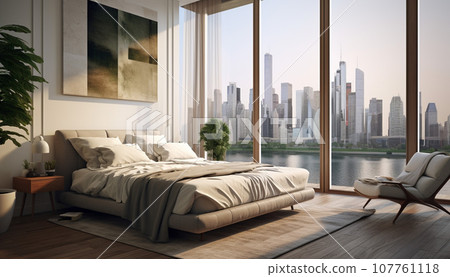 Modern bedroom with a view of the city - AI-generated image 107761118