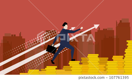 一名商人朝著他的目標（紅色）跑了一堆硬幣 107761395
