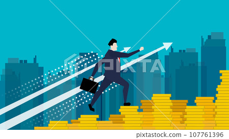 一名商人朝著他的目標跑去一堆硬幣（藍色） 107761396