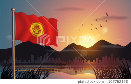Kyrgyzstan flags flutter against the sunrise sky and beautiful lake. Celebrating national day and travel tourism 107762158