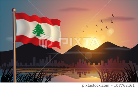 Lebanon flags flutter against the sunrise sky and beautiful lake. Celebrating national day and travel tourism Lebanon flags flutter against the sunrise sky and beautiful lake. Celebrating national day and travel tourism 107762161