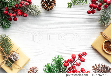 Christmas gifts, decorations with christmas tree. Christmas gifts, decorations with christmas tree. 107762459