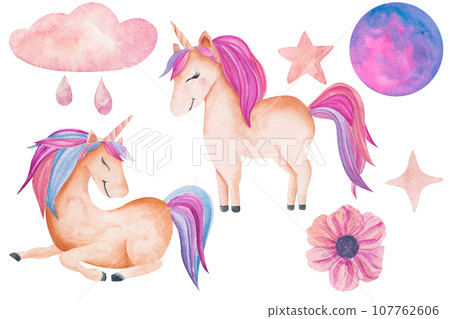 Set of watercolor illustration of unicorn, stars, flowers, cloud with raindrops and magic planet isolated on white. Clipart for children's cards, posters, stickers, stickers, children parties. Set of watercolor illustration of unicorn, stars, flowers, cloud with raindrops and magic planet isolated on white. Clipart for children's cards, posters, stickers, stickers, children parties. 107762606