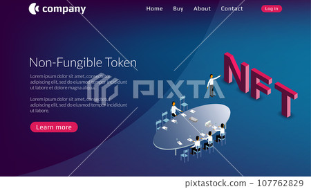 NFT non fungible token website template with board of directors and isometric text on blue background. The new class of coins is used to pay for unique collectibles in games or art. 107762829