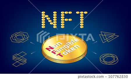 NFT word from golden coins non fungible tokens infographics with big isometric coin on blue background. Pay for unique collectibles in games or art. Vector illustration. NFT word from golden coins non fungible tokens infographics with big isometric coin on blue background. Pay for unique collectibles in games or art. Vector illustration. 107762830