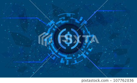 USD Coin USDC token symbol in digital circle with cryptocurrency theme on blue background. Cryptocurrency icon for banner or news. Vector illustration. USD Coin USDC token symbol in digital circle with cryptocurrency theme on blue background. Cryptocurrency icon for banner or news. Vector illustration. 107762836