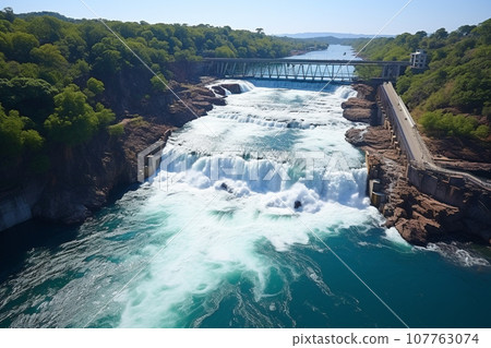Clean energy by hydropower plant from downstream water. Generative AI. 107763074
