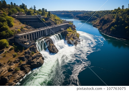Clean energy by hydropower plant from downstream water. Generative AI. 107763075