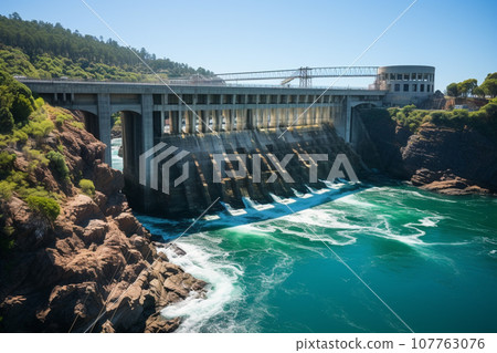 Clean energy by hydropower plant from downstream water. Generative AI. 107763076