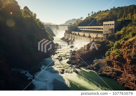 Clean energy by hydropower plant from downstream water. Generative AI. 107763079