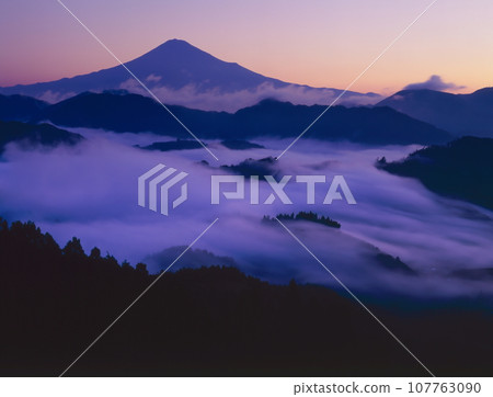 靜岡縣靜岡市清水區吉原,黎明時分漂浮在雲海的富士山 靜岡縣靜岡市清水區吉原,黎明時分漂浮在雲海的富士山 107763090