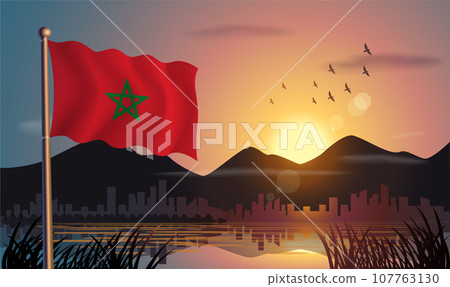 Morocco flags flutter against the sunrise sky and beautiful lake. Celebrating national day and travel tourism 107763130